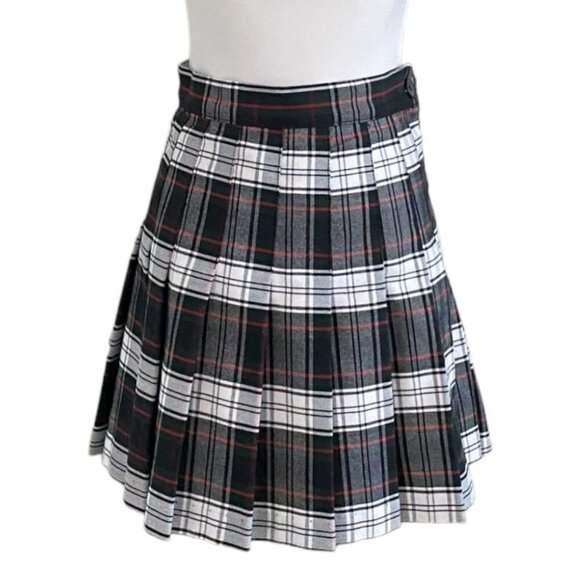 AMERICAN APPAREL BLACK WHITE RED PLAID HIGH RISE MINI PLEATED SKATER SKIRT - XS - Picture 2 of 9